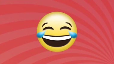 Çizgili arkaplanda gülen emoji simgesinin animasyonu. Sosyal medya, dijital arayüz ve dijital olarak oluşturulan veri işleme kavramı.