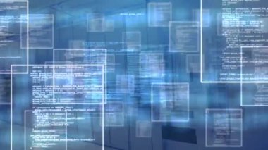 Arka plandaki sunucu odasına karşı bilgisayar dilinde kare animasyonları. Dijital bileşik, çoklu pozlama, ağ güvenliği, kodlama, veri merkezi, ağ sunucu kavramı.