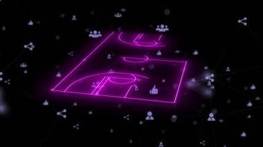 Aydınlatılmış basketbol sahasının canlandırılması ve insanlar gibi birbirine bağlanması, siyah arka planda ikon paylaşımı. Dijital olarak üretilmiş, spor, rekabet, sosyal medya, telekomünikasyon, geri bildirim, teknoloji.