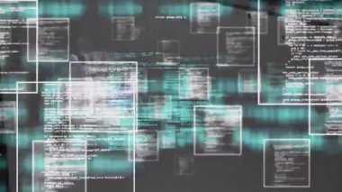 Bilgisayar dili üzerinde kare animasyonları ve değişen numaralara karşı çok renkli dumanlar. Dijital bileşik, çoklu pozlama, patlama, şekil, kodlama ve teknoloji kavramı.