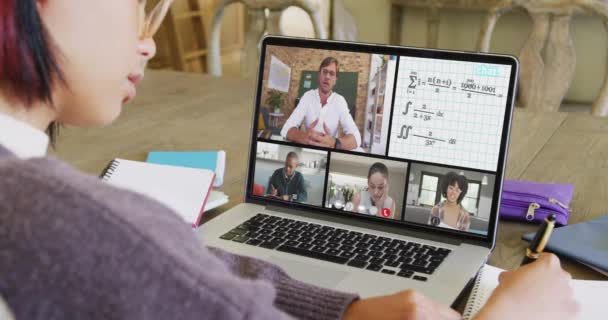 Složení Asijské Školačky Notebooku Online Učení Různými Učiteli Dětmi Vzdělávání — Stock video