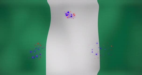 背景にナイジェリアの旗を振る上に多色の花火のアニメーション デジタル生成 ホログラム イラスト パーティー お祝い イベント 愛国心 — ストック動画