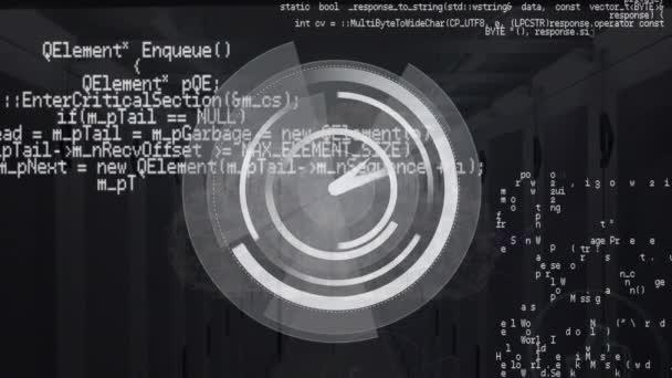 Animatie Van Looping Computertaal Klok Laden Cirkels Tegen Serverruimte Digitale — Stockvideo