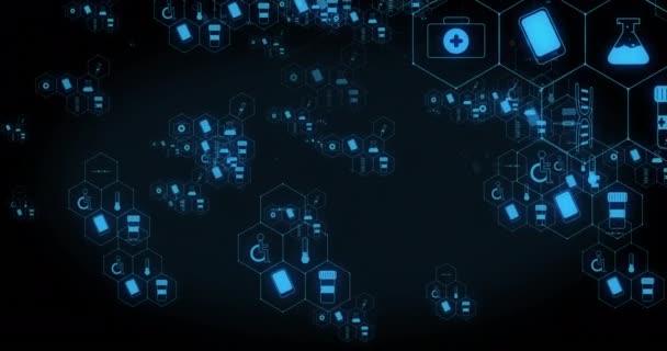 Анімація Мереж Синіх Медичних Комунікаційних Іконок Рухаються Чорному Тлі Медичні — стокове відео