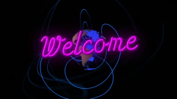 Siyah Arkaplandaki Dünya Üzerindeki Neon Metnin Animasyonu Sosyal Medya Iletişim — Stok video