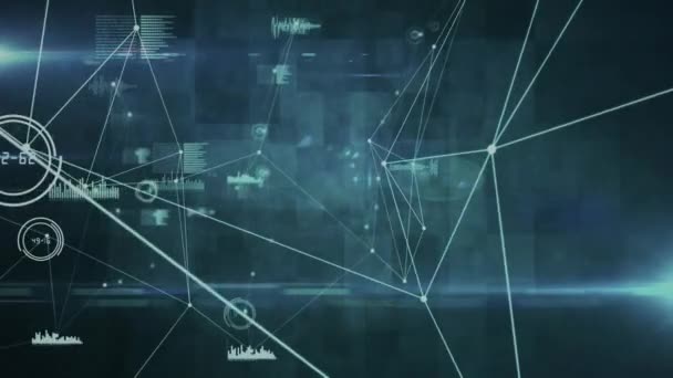 Animation Von Verbindungsnetzwerken Datenverarbeitung Und Lichtpunkten Vor Schwarzem Hintergrund Globale — Stockvideo