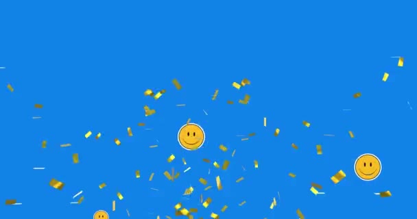 Animatie Van Goud Confetti Vallen Met Smiley Emoji Pictogrammen Blauwe — Stockvideo