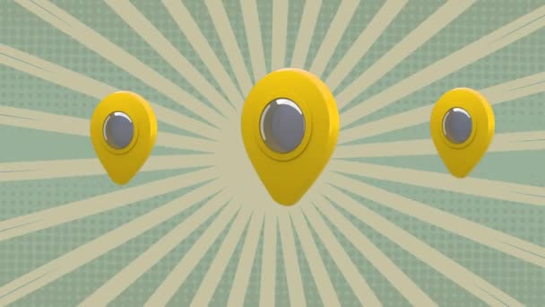 Animation Three Yellow Location Pin Icons Stripes Pattern Background Social — Stock Video