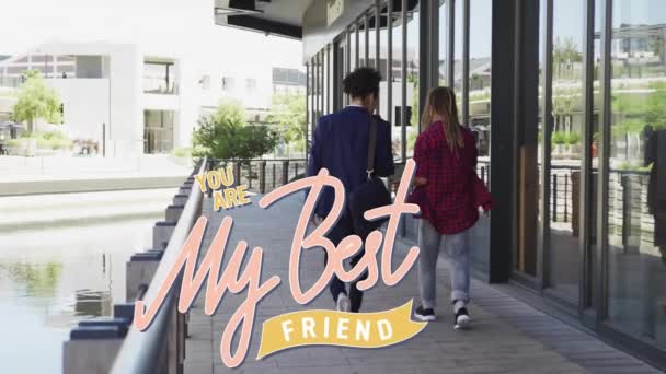 Animación Personas Diversas Caminando Mejor Amigo Texto Amistad Estilo Vida — Vídeos de Stock