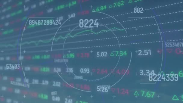 Animatie Van Cirkels Veranderende Aantallen Tegen Trading Board Abstracte Achtergrond — Stockvideo