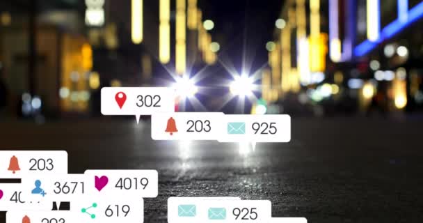 Animacja Sieci Połączeń Ikonami Mediów Społecznościowych Nad Nocnym Pejzażem Miasta — Wideo stockowe