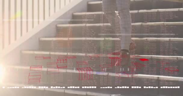 Animation Der Finanzdatenverarbeitung Über Einen Mann Der Draußen Die Treppe — Stockvideo