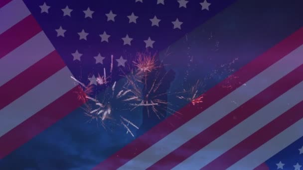 Animation Frihetsgudinnan Fyrverkerier Över Usas Flagga Amerikansk Självständighet Firande Och — Stockvideo