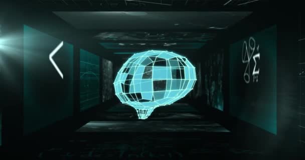 Animation Der Datenverarbeitung Über Menschliches Gehirn Und Bildschirme Globale Netzwerke — Stockvideo