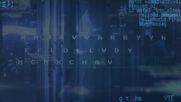 Анимация Букв Бинарных Кодов Над Компьютерным Языком Фоне Серверной Комнаты — стоковое видео