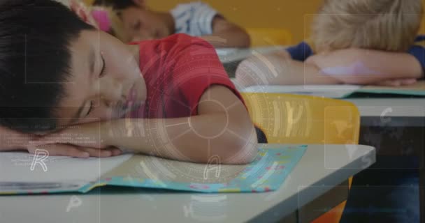 Animação Letras Números Sobre Diversas Crianças Idade Escolar Dormindo Mesas — Vídeo de Stock