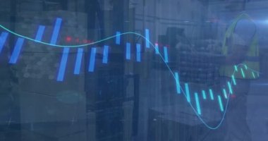 Değişen numaralarla grafiklerin animasyonu, depodaki envanteri kontrol eden beyaz erkek mühendis. Dijital bileşik, çoklu pozlama, rapor, iş, büyüme ve dağıtım kavramı.