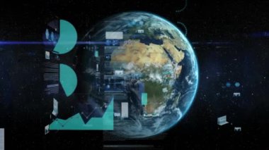 Dünya çapında finansal veri işleme animasyonu. Küresel spor, bilgisayar ve veri işleme kavramı dijital olarak oluşturulmuş video.