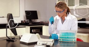 Animation of scientific data processing over caucasian female scientist in laboratory. Global science, computing and data processing concept digitally generated video.