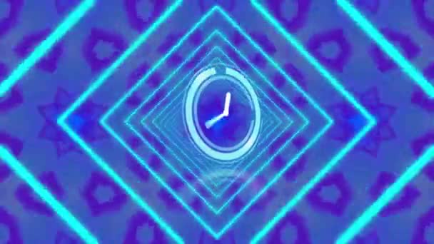 파란색 배경에 패턴을 시계의 애니메이션 디지털 인터페이스 컴퓨팅 데이터 디지털 — 비디오