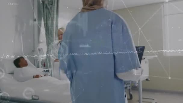Kapcsolatok Hálózatának Animációja Két Különböző Női Orvoson Akik Röntgenfelvételeket Vizsgálnak — Stock videók