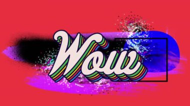 Kırmızı arkaplanda parlak desen yerine wow metninin animasyonu. Sosyal medya, renk, şablon, ışık ve hareket kavramı dijital olarak oluşturulmuş video.