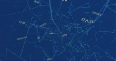 Grafiklerin ve değişen sayıların mavi arkaplan ile bağlantılı noktaların animasyonu. Dijital olarak oluşturulmuş, hologram, illüstrasyon, iş, büyüme, iletişim, rapor kavramı.