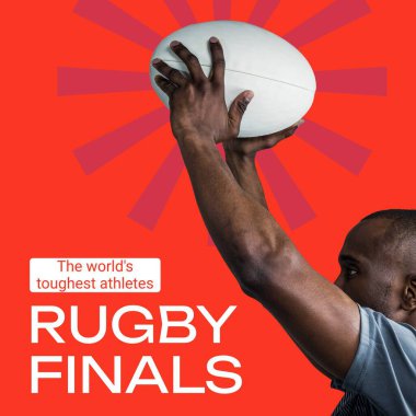 Rugby finalleri beyazdan kırmızıya yazılıyor ve Afrika kökenli Amerikalı erkek rugby oyuncusu topu tutuyor. Spor liginin final turu promosyonu, dünyanın en sert sporcuları kampanyası, dijital ortamda oluşturulan imaj..