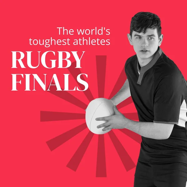 Rugby Finals Text White Red Caucasian Male Rugby Player Holding — Stock Photo, Image