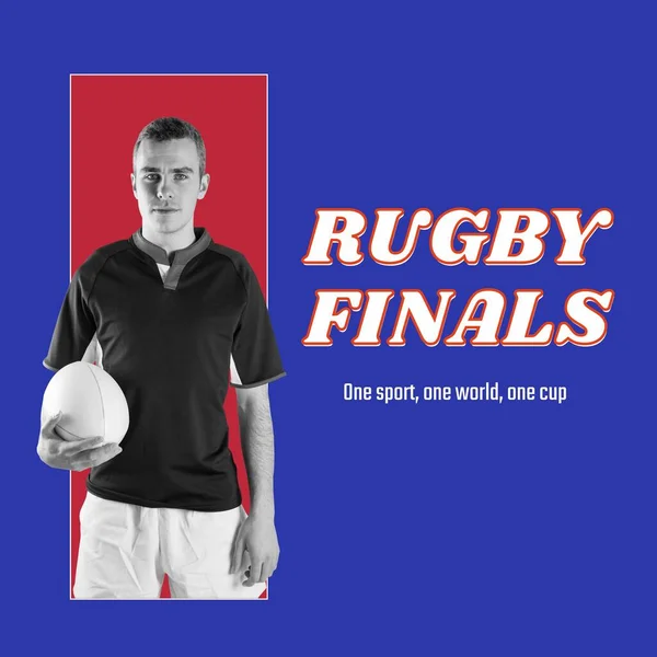 Rugby Finals Text White Blue Red Caucasian Male Rugby Player — Stock Photo, Image