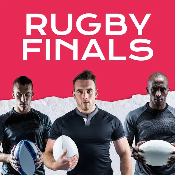 Rugby Finals Text White Red Three Diverse Male Rugby Players — Stock Photo, Image