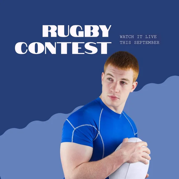Rugby Contest Text White Blue Caucasian Male Rugby Player Holding — Stock Photo, Image