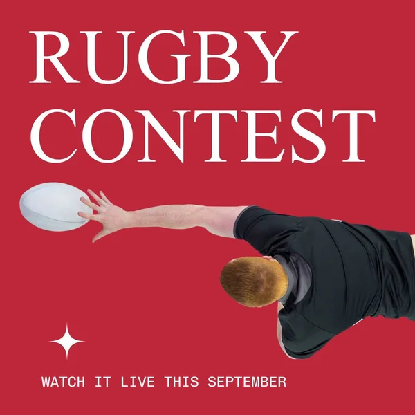 Rugby Contest Text White Red Caucasian Male Rugby Player Reaching — Stock Photo, Image