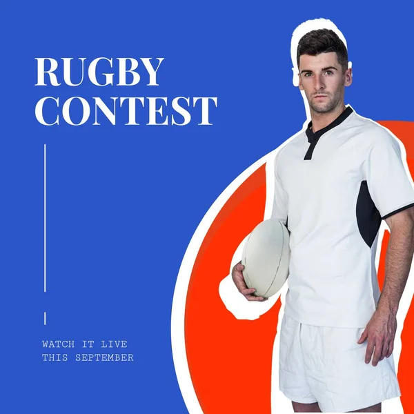 Concurso Rugby Texto Blanco Sobre Azul Rojo Con Jugador Rugby —  Fotos de Stock