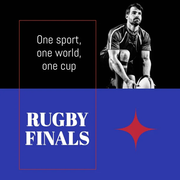 Rugby Finals Text White Blue Black Caucasian Male Rugby Player — Stock Photo, Image
