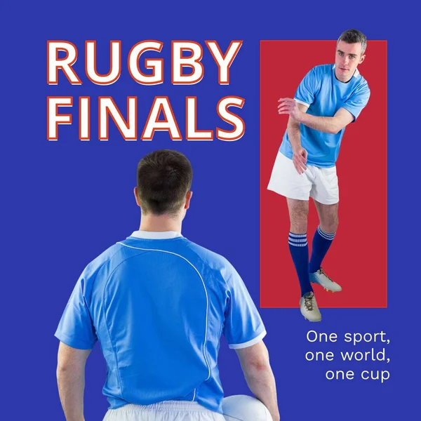 Finały Rugby Tekst Kolorze Białym Niebiesko Czerwonym Dwoma Białymi Graczami — Zdjęcie stockowe