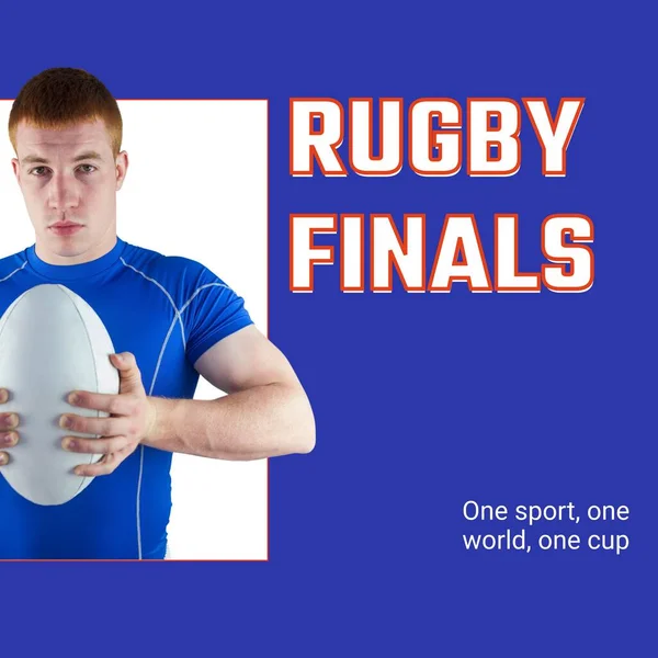 Rugby Finals Text White Blue Caucasian Male Rugby Player Holding — Stock Photo, Image