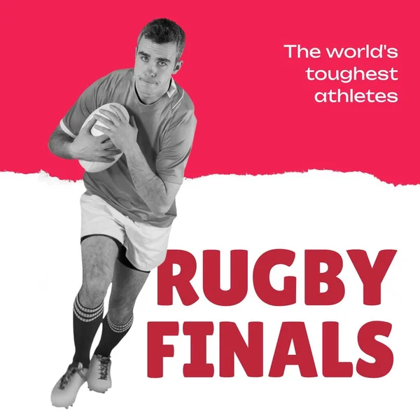 Rugby Finals Text Red White Caucasian Male Rugby Player Running — Stock Photo, Image