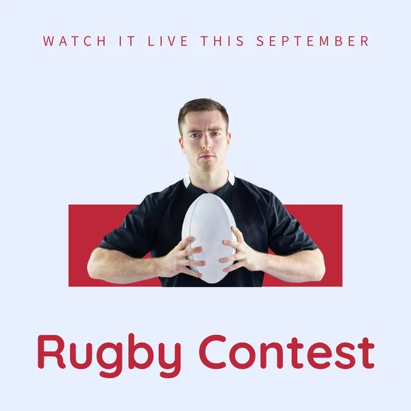 Tekst Konkursu Rugby Kolorze Czerwonym Białym Białym Mężczyzna Rugby Gracz — Zdjęcie stockowe