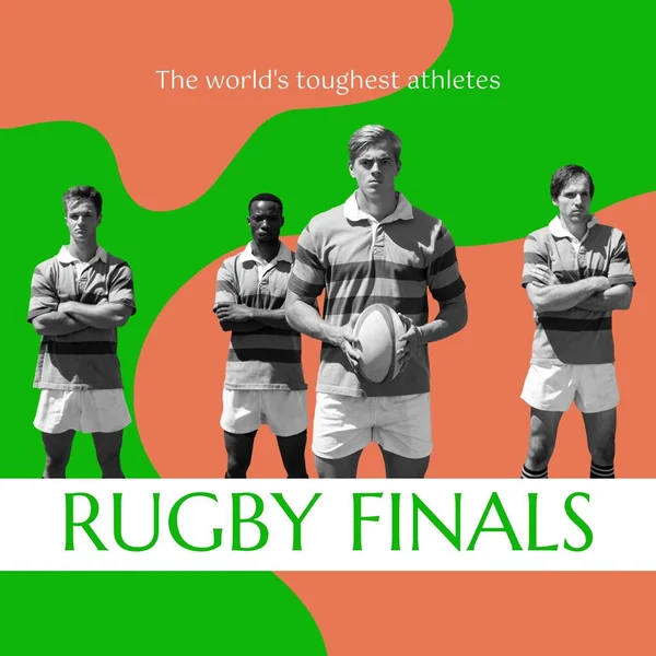 Rugby Finals Text Green Diverse Male Rugby Team Orange Green — Stock Photo, Image