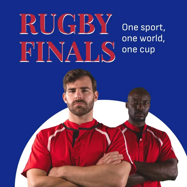 Finały Rugby Tekst Kolorze Czerwonym Niebiesko Portretem Dwóch Różnych Graczy — Zdjęcie stockowe