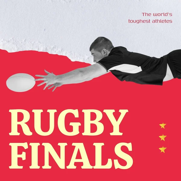 Rugby Finals Text Yellow Red Caucasian Male Rugby Player Reaching — Stock Photo, Image