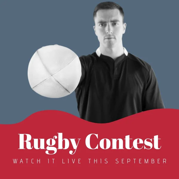Rugby Contest Text White Red Grey Caucasian Male Rugby Player — Stock Photo, Image