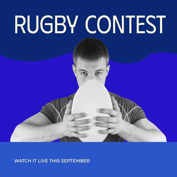Tekst Konkursu Rugby Kolorze Białym Niebiesko Białym Graczem Rugby Mężczyzn — Zdjęcie stockowe