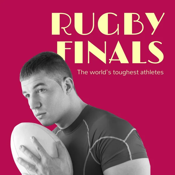 Rugby Finals Text Yellow Red Caucasian Male Rugby Player Holding — Stock Photo, Image
