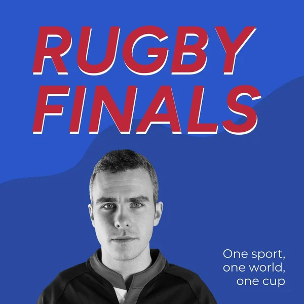 Rugby Finał Tekst Kolorze Czerwonym Niebiesko Portretem Białego Mężczyzny Rugby — Zdjęcie stockowe