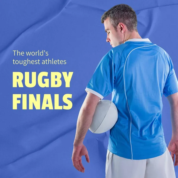 Tekst Finału Rugby Kolorze Żółtym Niebiesko Białym Graczem Rugby Trzymającym — Zdjęcie stockowe