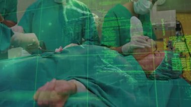 Ameliyathanedeki çeşitli cerrahlar üzerinde DNA ipliği ve veri işleme animasyonu. Küresel tıp, bilgisayar ve veri işleme kavramı dijital olarak oluşturulmuş video.