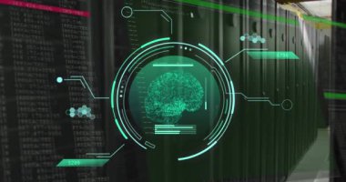 İnsan beyni ve bilgisayar sunucuları üzerinden veri işleme alanının animasyonu. Küresel hesaplama, dijital arayüz ve veri işleme kavramı dijital olarak oluşturulmuş video.