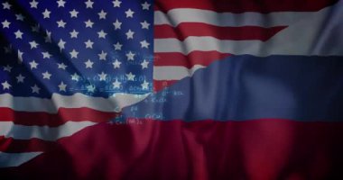 Rusya bayrağı ve Amerika Birleşik Devletleri üzerinde matematiksel veri işleme animasyonu. Küresel hesaplama, dijital arayüz ve veri işleme kavramı dijital olarak oluşturulmuş video.